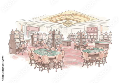 Interior of a casino with slot machines and card tables, rendered in a sketch style