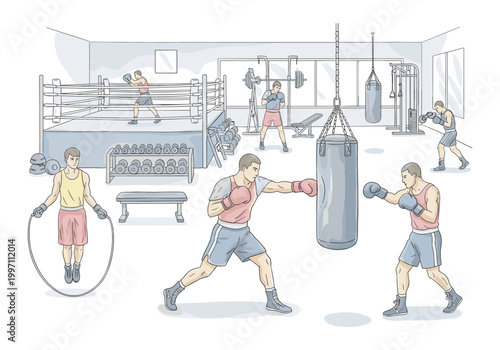 Boxers training in a gym with punching bags, jump rope, and weights
