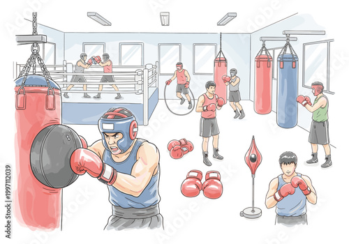 Diverse boxers train in a gym with punching bags, a ring, and jump rope