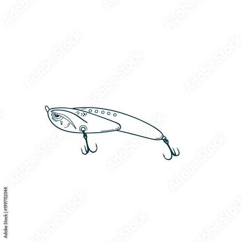 Fishing Lure and Fish Hook Outline Isolated on White Background