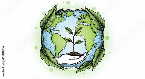 Hands holding a small plant on planet earth surrounded by a wreath of leaves as a symbol of environmental unity and global conservation efforts