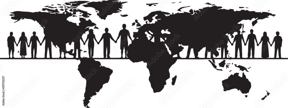 Obraz premium Silhouette of people holding hands in a line across a world map representing global unity, diversity, and international cooperation