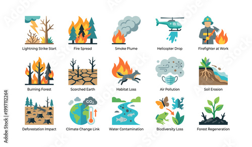 Wildfire hazard and ecosystem impact icons on white background