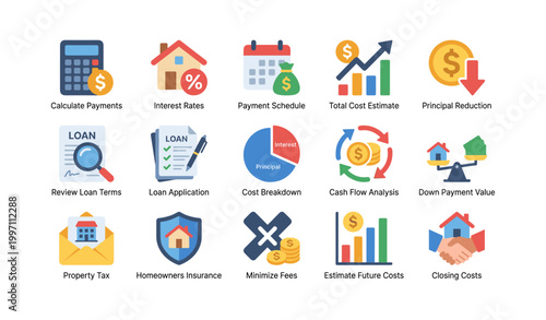 Mortgage and loan icons showing payments cost and closing concepts
