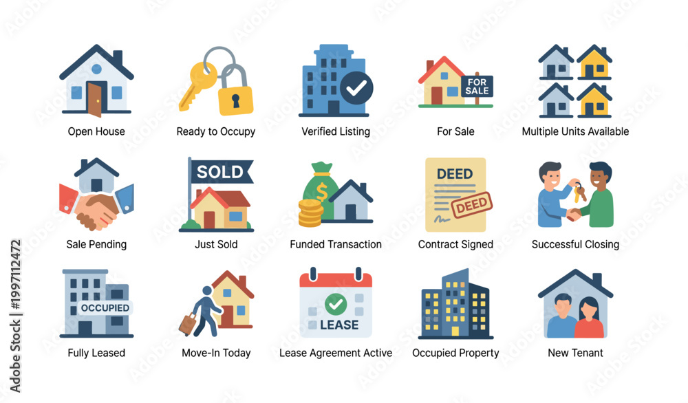 Fototapeta premium Grid of real estate and property transaction icons on white background