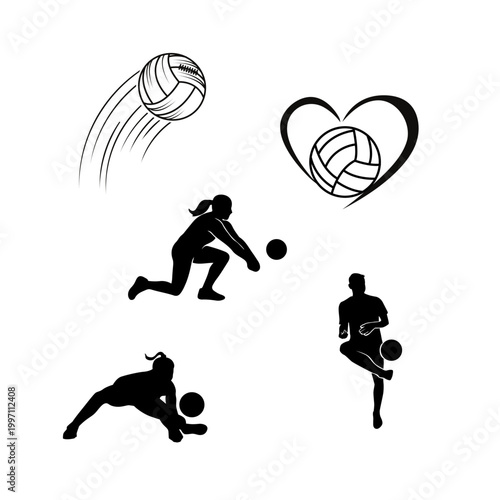 Volleyball Player Action Silhouette Collection Isolated on White Background