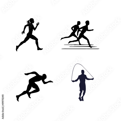Athlete Running and Jumping Rope Silhouette Collection Isolated on White Background