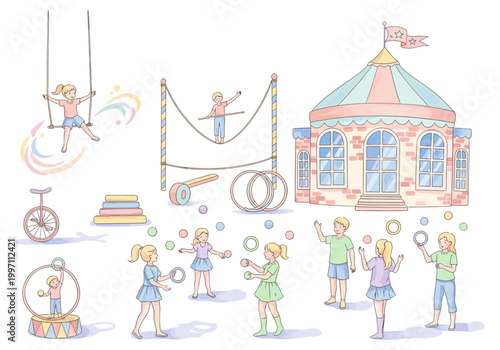 Children enjoying circus activities and games in a playful outdoor setting