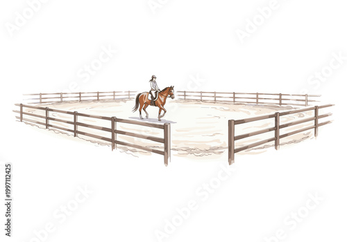 Equestrian rider practicing dressage in a sand arena with wooden fences