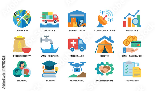 Grid of logistics and humanitarian icons on white background