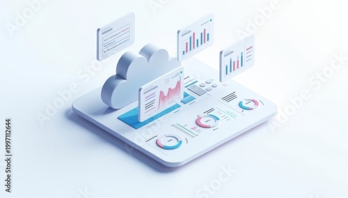 Diseño de informe de datos en la nube con paneles flotantes, gráficos analíticos y estilo de interfaz SaaS moderno