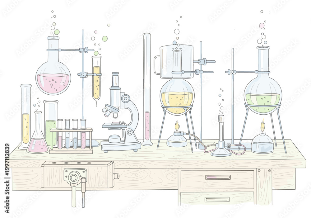 Fototapeta premium Scientific laboratory equipment with colorful liquids bubbling in flasks and tubes