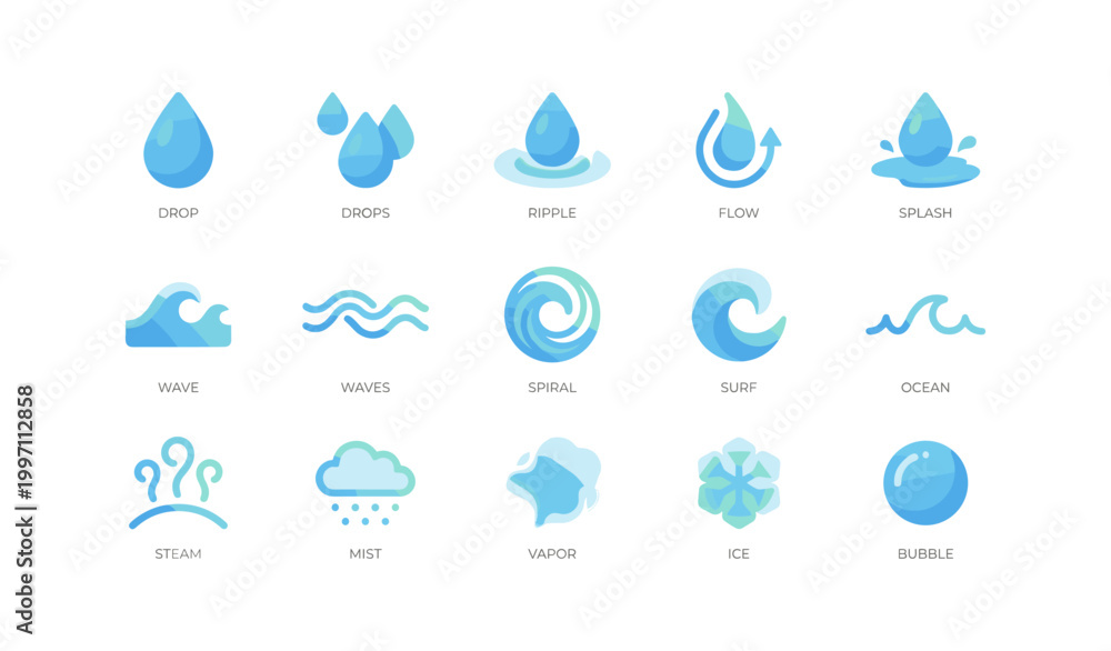 Fototapeta premium Water icons showing droplets waves and weather symbols in grid