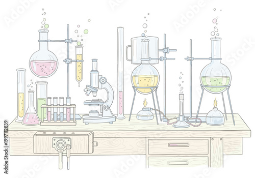 Scientific laboratory equipment with colorful liquids bubbling in flasks and tubes