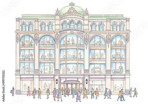 Elegant department store building with shoppers on the street and inside