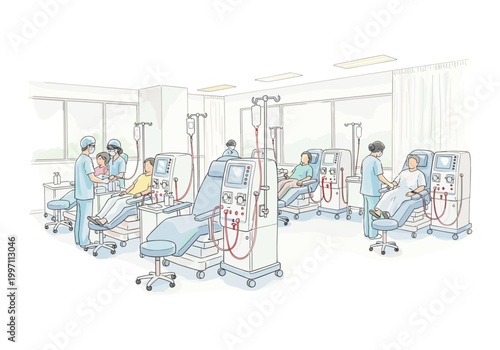 Medical professionals attend to patients undergoing dialysis treatment in a bright clinic setting