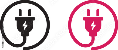 Electric plug icon with lightning symbol inside circular frame, modern energy logo design, power connection concept, vector illustration isolated 