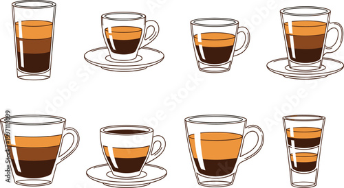 Espresso Coffee Glass Set Featuring Layered Coffee Drinks, Cappuccino, Latte and Transparent Cups with Rich Crema for Cafe Beverage Illustration Design.