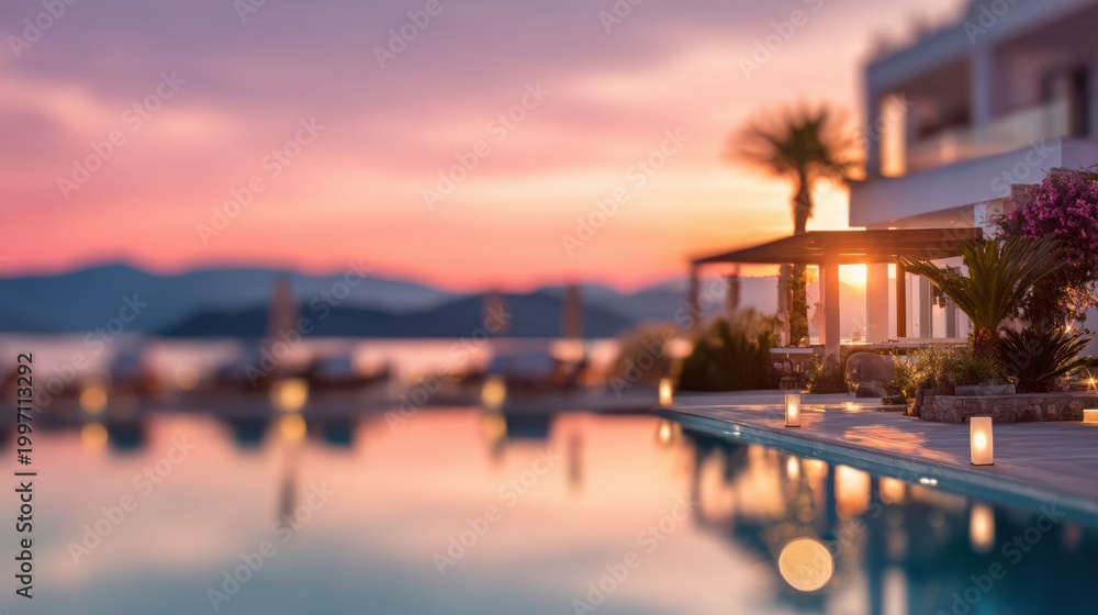Fototapeta premium Blurred luxury hotel in Greece with sea view and summer vacation mood.