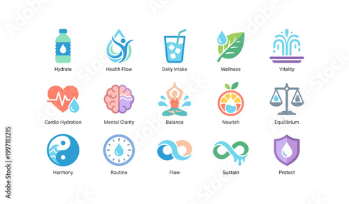 Grid of health and hydration icons displayed on white background