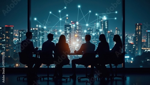 Reunión nocturna en la oficina con el horizonte de la ciudad de fondo, red brillante