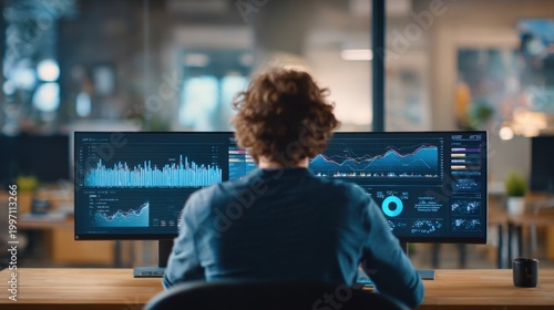 Analyst Working on Dual Monitors with Data Visualization: A person sits at a desk, focused on two computer monitors displaying complex data charts and graphs.