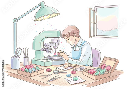 Skilled artisan meticulously examines precious gemstones under a microscope at workbench