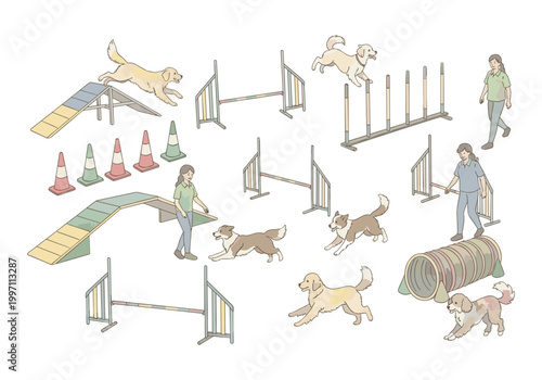 Dogs and handlers practice agility course with jumps, tunnels, and ramps