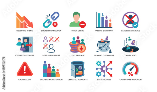 Customer churn icons showing loss, decline and retention issues