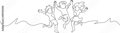 A minimalist line drawing of three children jumping and playing together with a flowing jump rope