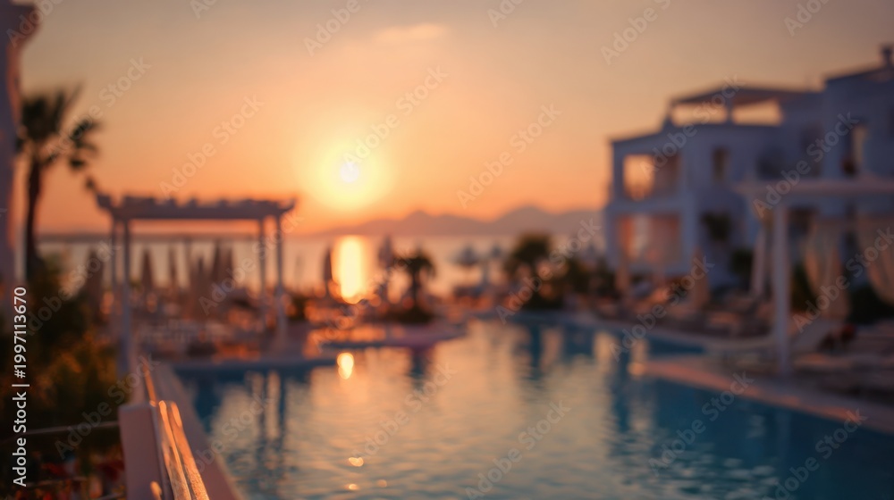 Obraz premium Blurred poolside hotel in Greece with mediterranean summer vibe.