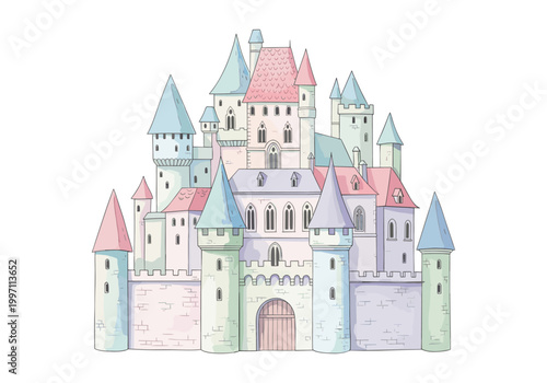 Whimsical pastel castle with multiple towers and turrets, perfect for fairy tales