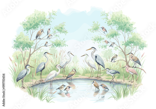 Diverse collection of water birds and small birds gathered near a pond in a natural setting