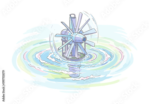 Water turbine generating clean energy from flowing water in a stylized representation