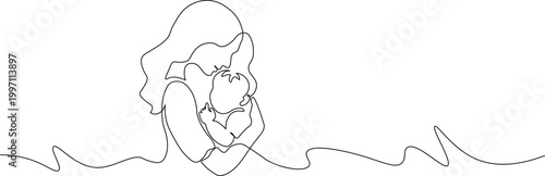 A minimalist line drawing of a mother holding her child in a tender moment