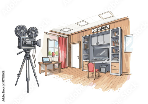 Retro film camera set up in a room with a dubbing station
