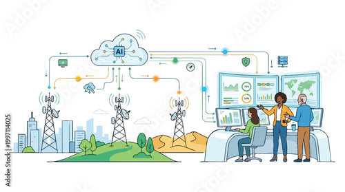 Telecom Network Management Illustration with AI and Diverse Workers Monitoring Infrastructure for Reliable Connectivity