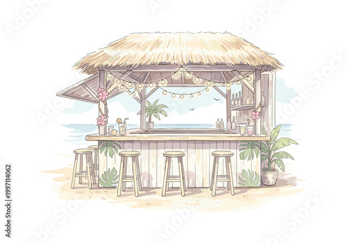 Charming beachside tiki bar with thatched roof and string lights