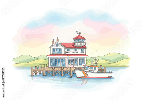 Coast Guard station with boat docked at pier on a calm day