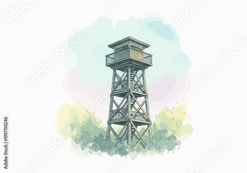 Wooden observation tower with stairs and railings surrounded by trees