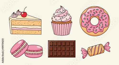A colorful vector illustration of various sweet desserts and treats