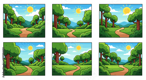 A vector graphic illustration of six identical countryside scenes with winding paths, trees, and sunny skies.