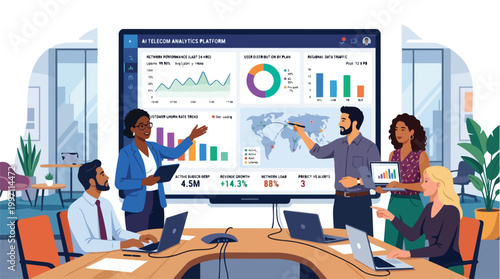Telecom Analytics Platform Team Meeting Vector Illustration Diverse Workers Analyzing Data Charts and Network Performance Reports