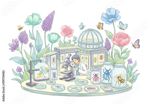 Entomologist studying insects and plants with microscope in a vibrant garden setting