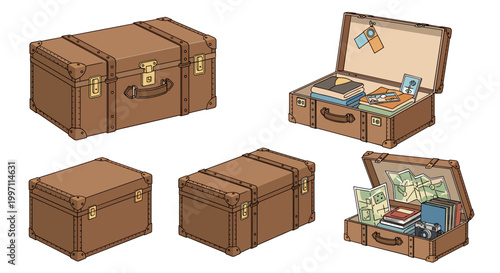 A set of brown suitcases and trunks with gold hardware in various states of packing and unpacking