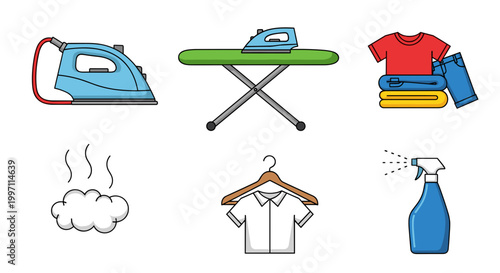 A colorful vector graphic illustration of laundry and ironing icons on a white background