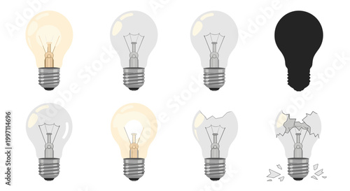 A set of eight light bulb icons in various states of illumination and damage