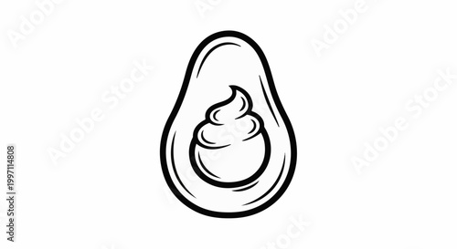 A black and white line drawing of a halved avocado with a dollop of cream inside
