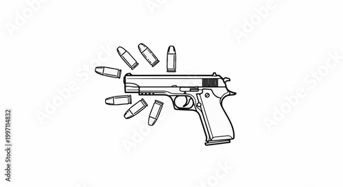 A black and white line drawing of a handgun with scattered bullets
