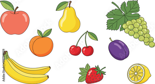 Fresh Fruit Illustration Set Featuring Apple, Banana, Pear, Grapes, Strawberry, Lemon, Cherry and Plum with Colorful Healthy Food Elements for Design.